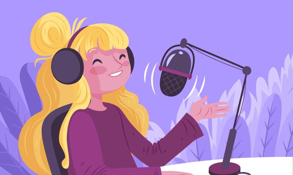 Une étudiante blonde écoute un podcast, micro, enregistrement, concept - meilleurs podcasts pour enfants