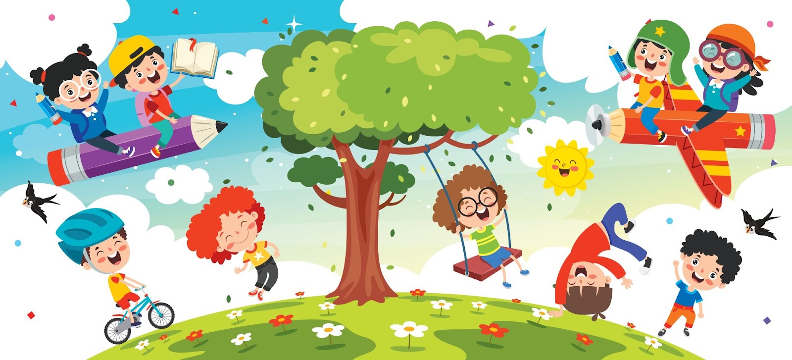 dessin d’enfants s’amusant dehors pour illustrer les loisirs en anglais